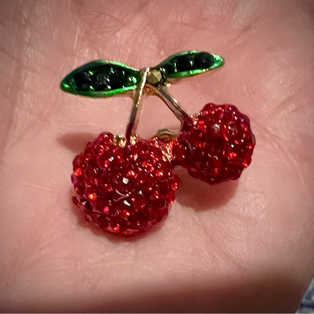 BROOCH PIN Cherries with Red & Green Crystals, New